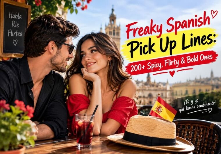 Freaky Spanish Pick Up Lines: 200+ Spicy, Flirty & Bold Ones a romantic Spanish café scene featuring a flirtatious adult couple, warm Mediterranean lighting, Spanish-inspired decorations, and bold red-and-yellow headline text for a dating and flirting blog.