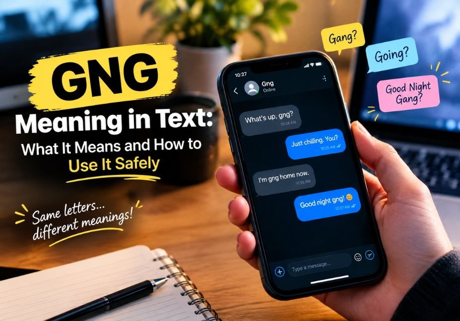 GNG meaning in text explained through a realistic smartphone conversation showing gang, going, and good night gang.