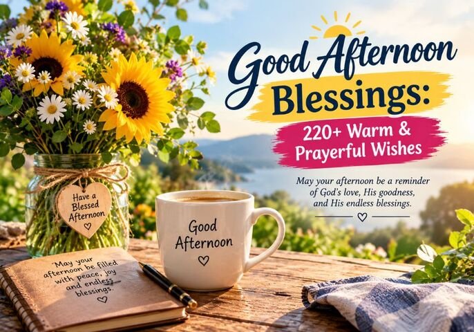 Good Afternoon Blessings: 220+ Warm & Prayerful Wishes featuring a beautiful sunflower bouquet, a steaming coffee mug, a blessing journal, and a peaceful sunlit garden backdrop.