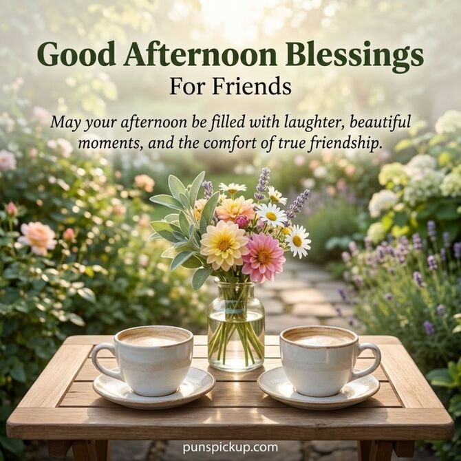 Good Afternoon Blessings for Friends featuring two coffee cups, fresh flowers, and a warm friendship wish in a peaceful garden setting.