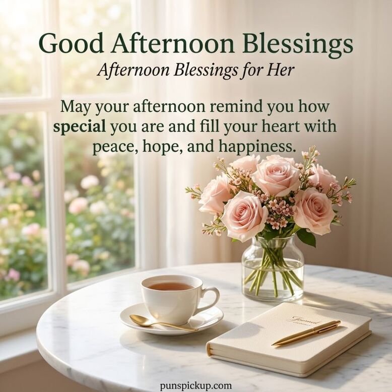 Good Afternoon Blessings for her featuring pink roses, a white teacup, and an uplifting afternoon message wishing her peace, hope, and happiness.