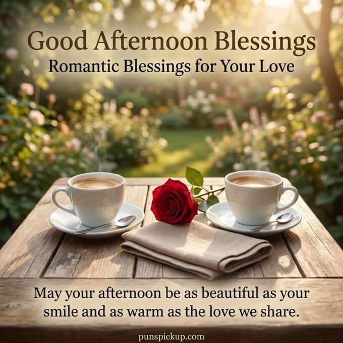 Good Afternoon Blessings for your love featuring two coffee cups, a red rose, and a romantic afternoon message expressing warmth, affection, and happiness.