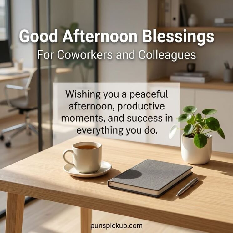 Good Afternoon Blessings for coworkers and colleagues featuring a modern office desk, coffee mug, notebook, green plant, and an encouraging message for a productive afternoon.