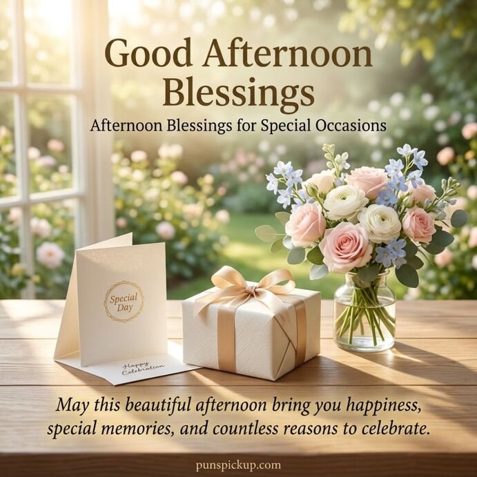 Good Afternoon Blessings for Special Occasions featuring an elegant gift box, pastel flowers, and a heartfelt afternoon wish for happiness, celebration, and memorable moments.