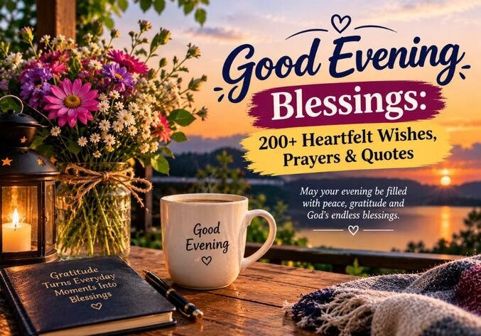 Good Evening Blessings: 200+ Heartfelt Wishes, Prayers & Quotes featuring a beautiful sunset, glowing lantern, colorful flowers, a warm cup of coffee, and an inspirational gratitude journal.