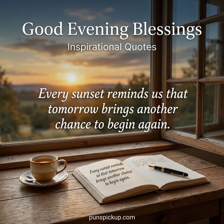 Good Evening Blessings with inspirational quotes featuring a journal, pen, cup of tea, and golden sunset with a motivational message about hope and new beginnings.