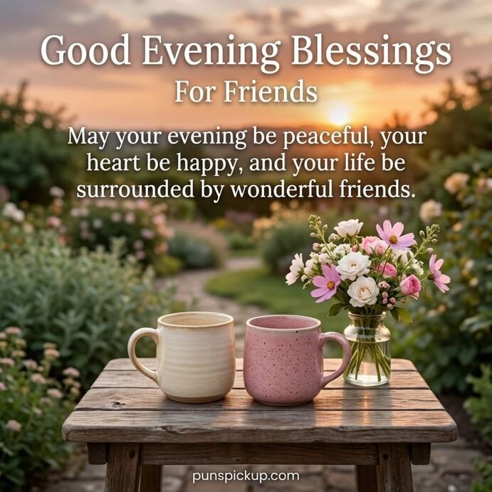Good Evening Blessings for Friends featuring two coffee mugs, fresh flowers, and a heartfelt friendship message in a peaceful sunset garden