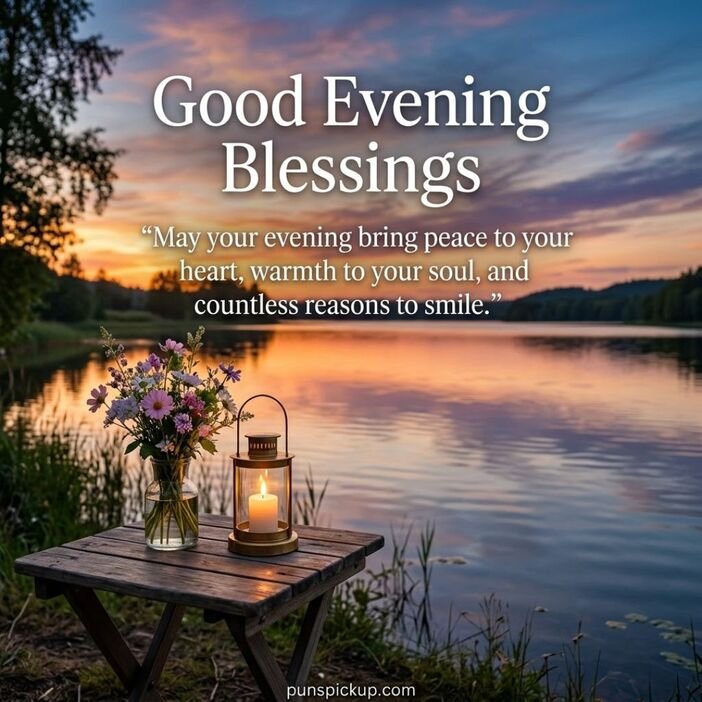 Good Evening Blessings featuring a peaceful sunset over a lake, a glowing lantern, fresh flowers, and a heartfelt evening wish for peace and happiness.