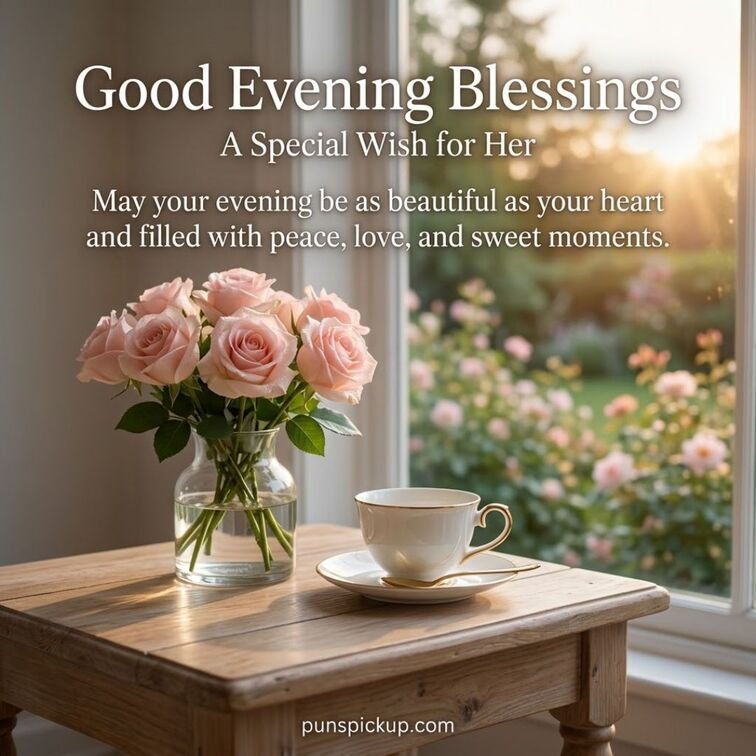 Good Evening Blessings for Her featuring pink roses, a white teacup, and a heartfelt evening wish for love, peace, and beautiful moments.