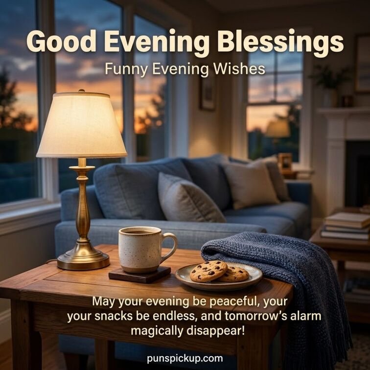 Funny Good Evening Blessings featuring a cozy coffee mug, cookies, a soft blanket, and a humorous wish for a relaxing evening without worries.