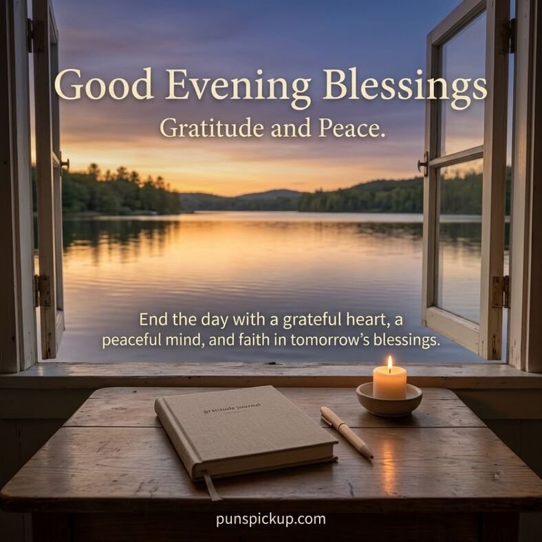 Good Evening Blessings for Gratitude and Peace featuring a gratitude journal, glowing candle, and tranquil sunset over a lake with an inspirational blessing.