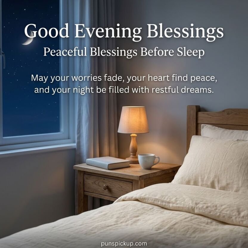 Good Evening Blessings Before Sleep featuring a cozy bedside table, warm lamp, closed book, and peaceful bedtime wish for restful dreams and a calm night.