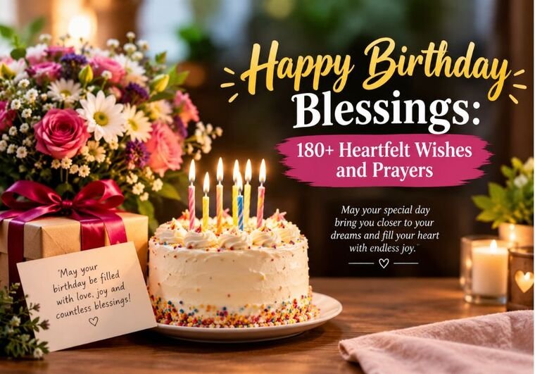 Happy Birthday Blessings: 180+ Heartfelt Wishes and Prayers featuring a beautiful birthday cake, colorful candles, fresh flowers, elegant gifts, and warm celebratory lighting.