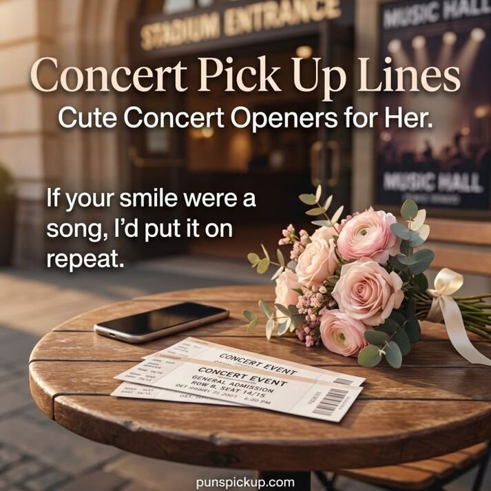 Concert Pick Up Lines featuring concert tickets, pink flowers, and a cute music-inspired opener for starting a conversation with her.