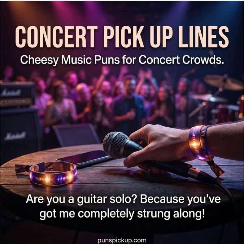 Concert Pick Up Lines featuring a microphone, glowing concert wristband, colorful stage lights, and a cheesy guitar-themed music pun.