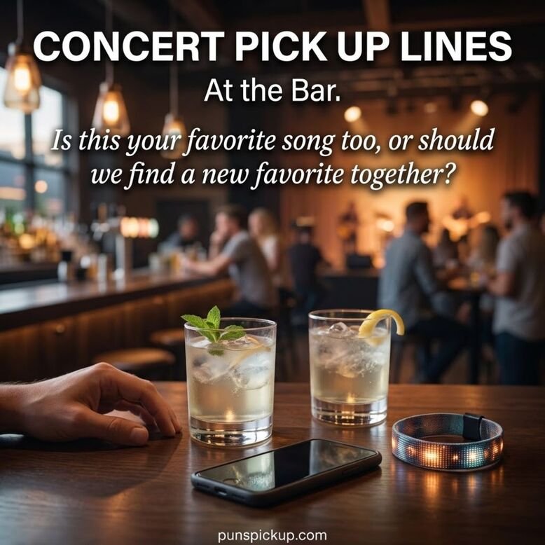 Concert Pick Up Lines at the bar featuring two refreshing drinks, concert wristbands, warm venue lighting, and a friendly music-themed conversation starter.