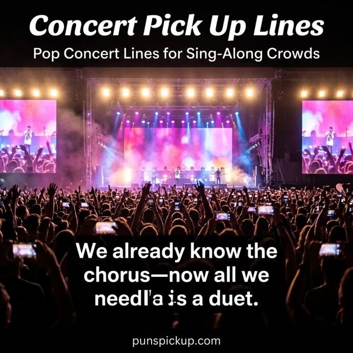 Concert Pick Up Lines for pop concert crowds featuring colorful stage lights, cheering audience silhouettes, glowing phones, and a playful duet-themed pickup line.