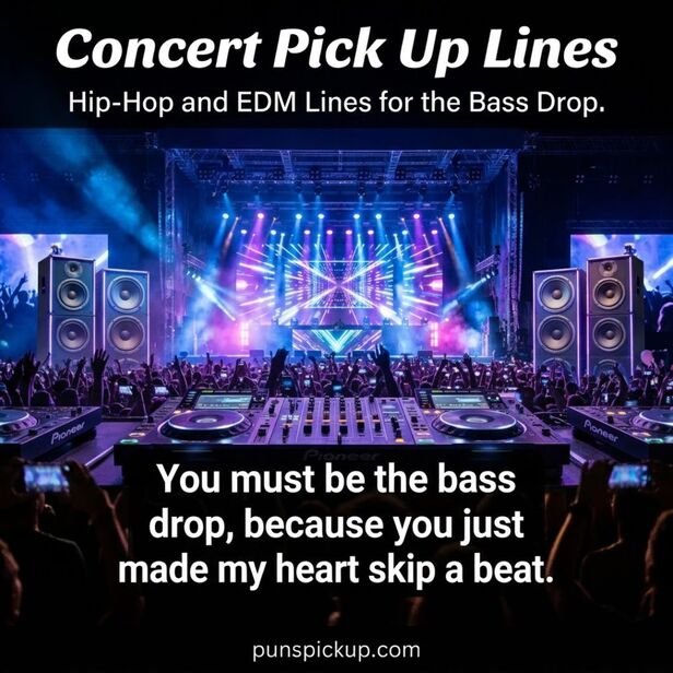 Concert Pick Up Lines for hip-hop and EDM fans featuring DJ equipment, colorful festival lights, a live crowd, and a bass-drop-inspired pickup line.