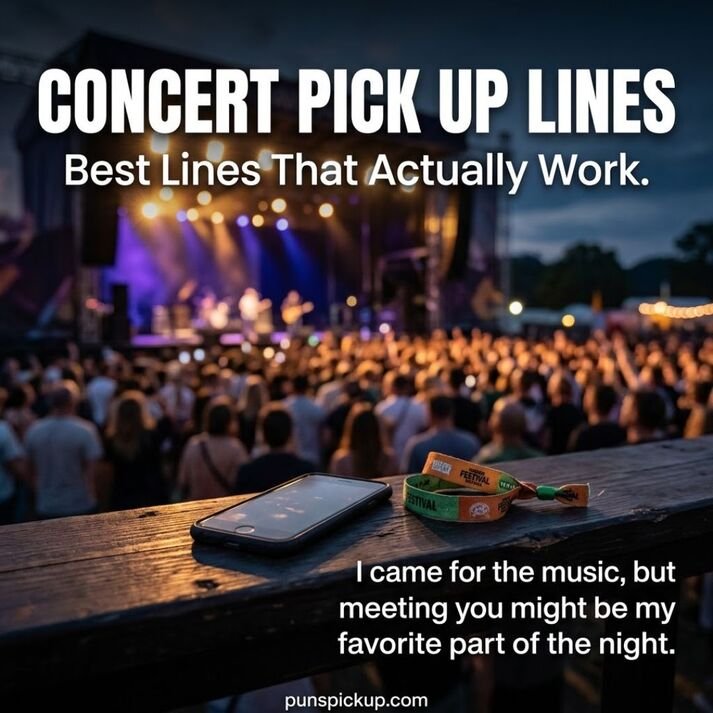 Concert Pick Up Lines featuring a live concert stage, glowing lights, concert wristbands, and a charming pickup line for meeting someone special at a show.