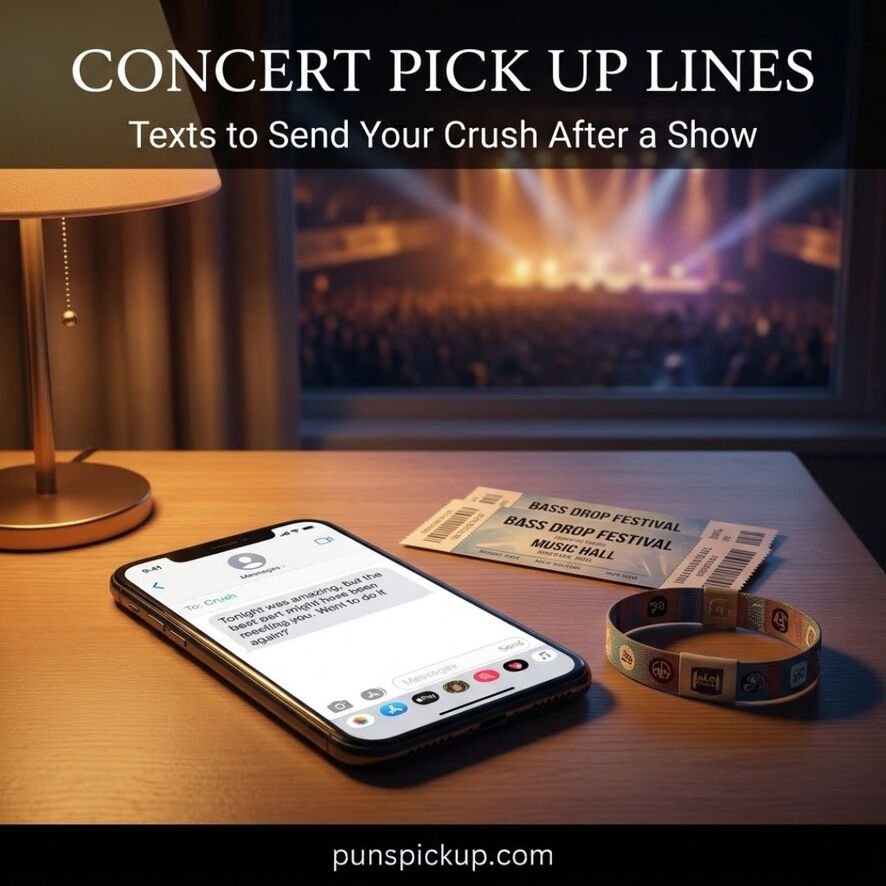 Concert Pick Up Lines featuring a smartphone, concert tickets, and wristband with a sweet text message to send your crush after a live music show.