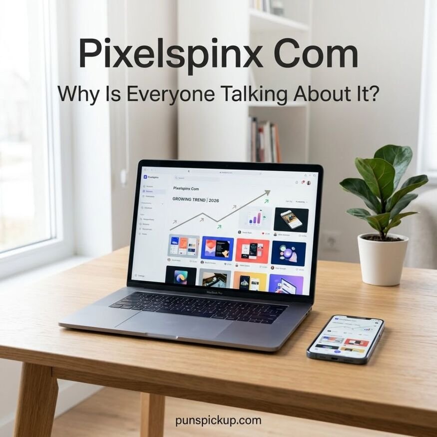 Pixelspinx Com trending in 2026 shown on a laptop and smartphone with a growing-interest dashboard in a modern professional workspace.