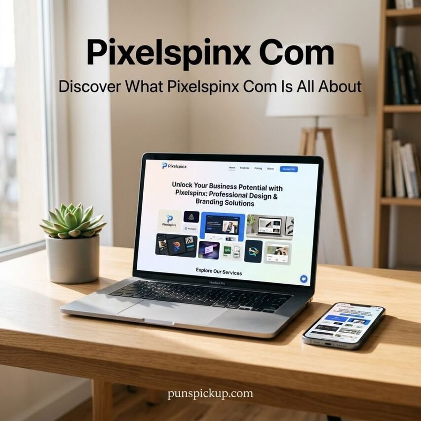 Pixelspinx Com explained with a laptop displaying the Pixelspinx website and a smartphone on a modern desk, showing what Pixelspinx Com is.