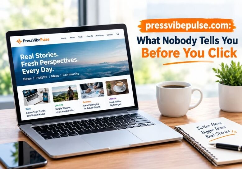 PressVibePulse.com: What Nobody Tells You Before You Click featured image showing a modern laptop displaying the PressVibePulse website with a clean workspace, coffee cup, notebook, and professional news-style layout.