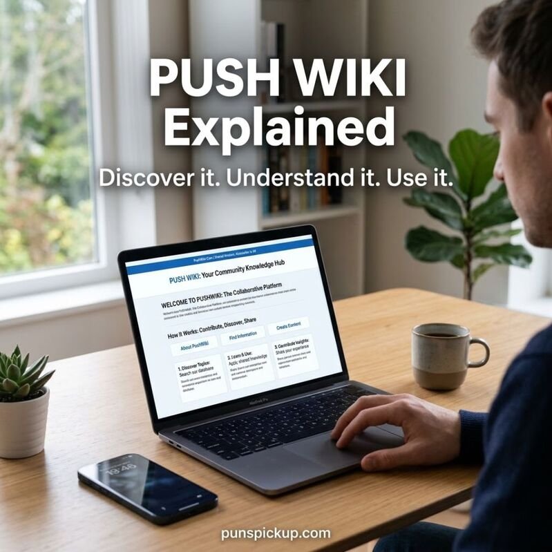 PushWiki Explained showing how PushWiki Com works on a laptop with a clean modern workspace and informative website interface.