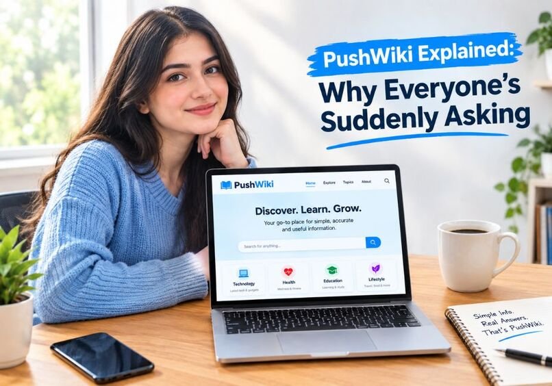 PushWiki Explained: Why Everyone’s Suddenly Asking with a woman using a laptop to explore the PushWiki website in a bright modern workspace.