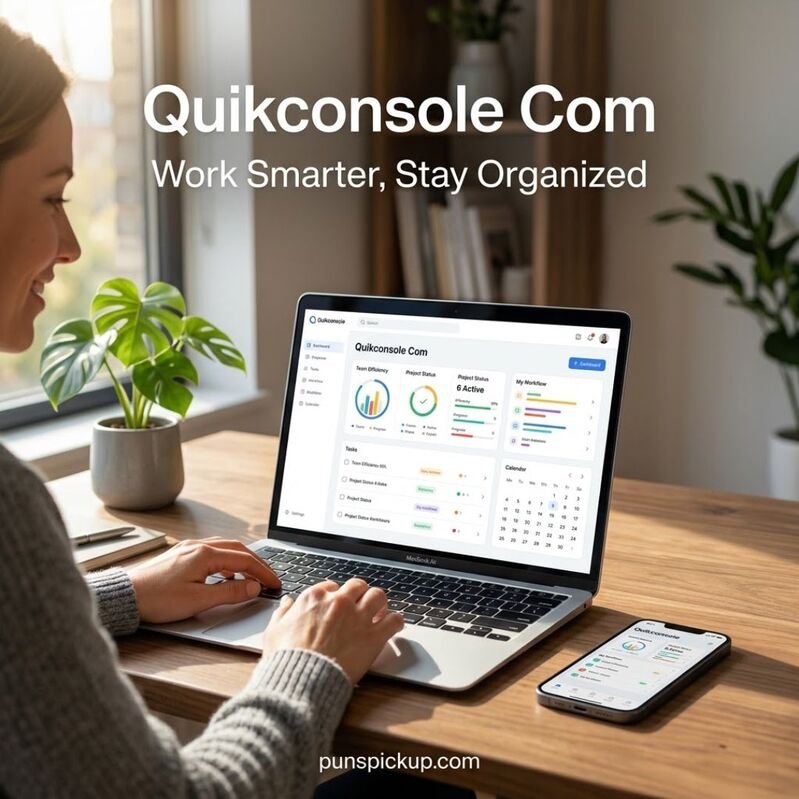 Quikconsole Com benefits shown through a laptop productivity dashboard and smartphone, highlighting organization and efficient workflow in a modern workspace.