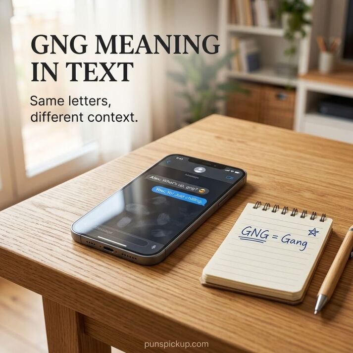 Realistic smartphone showing GNG meaning in text, with “GNG = Gang” and a casual texting example on a clean desk.