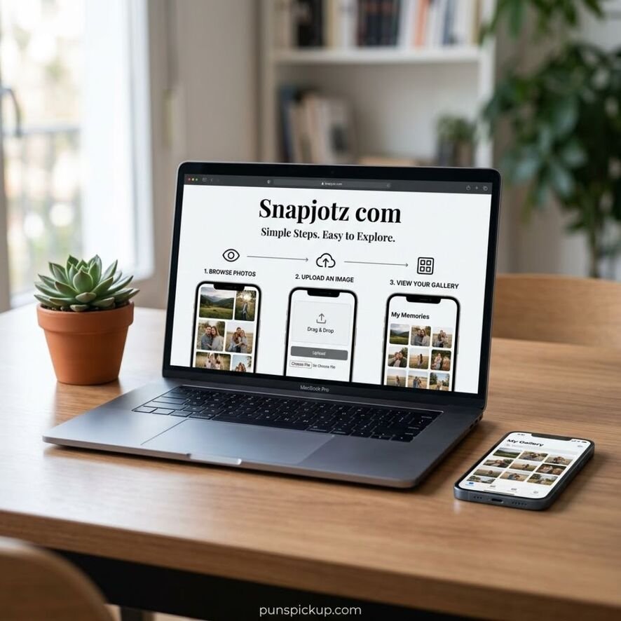 How Snapjotz com works shown on a laptop and smartphone with a simple photo-sharing interface, illustrating browsing, uploading, and exploring images.