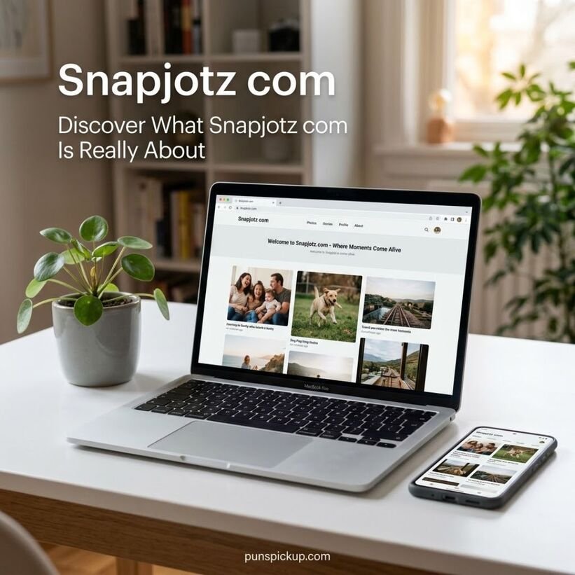 Snapjotz com explained with a laptop and smartphone showing a modern photo-sharing platform, illustrating what Snapjotz com is and how it works.