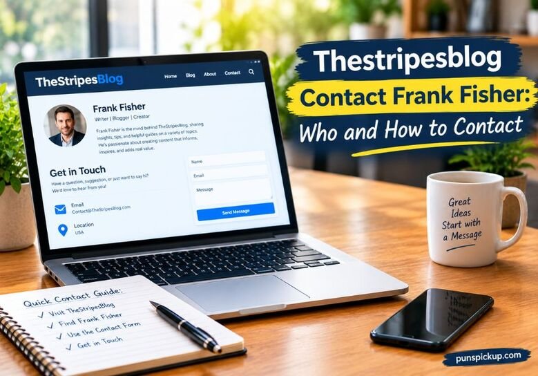 Thestripesblog Contact Frank Fisher featured image showing a laptop with a professional contact page, communication tools, and a modern workspace.