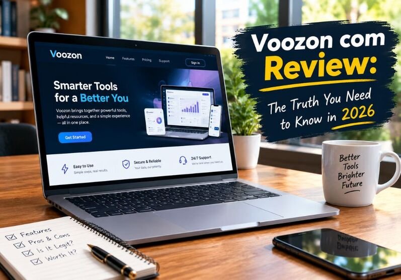 Voozon com Review 2026 featuring a laptop displaying the Voozon website on a professional desk, with a review checklist, smartphone, and modern home-office setting to explore Voozon com features, usability, legitimacy, and key details.